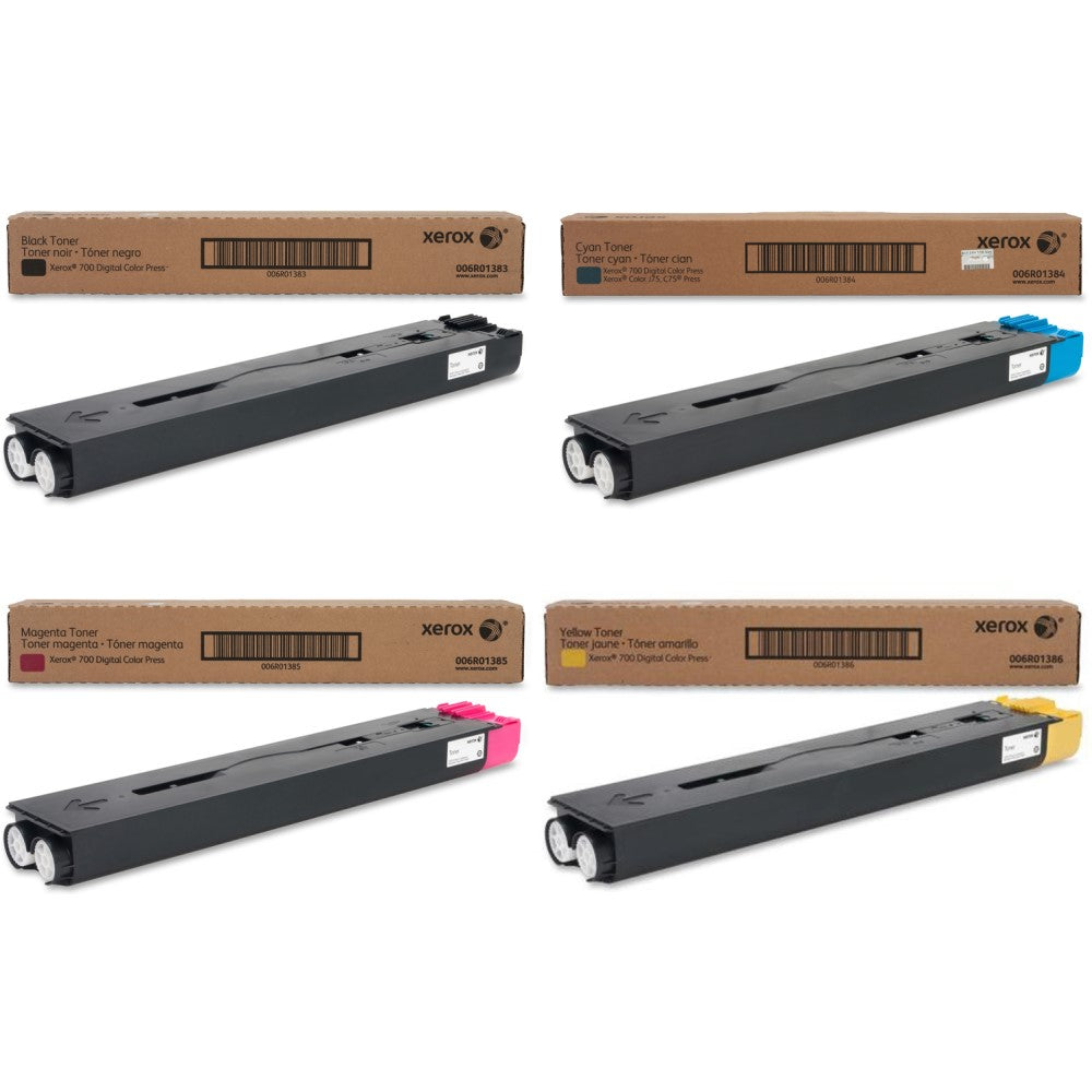 Xerox 6R01383; 6R01384; 6R01385; 6R01386 (6R1383; 6R1384; 6R1385; 6R1386) Black, Cyan, Magenta, Yellow Genuine 006R01383; 006R01384; 006R01385; 006R01386 Toner Cartridge In Retail Packaging (20K YLD Black; 22K YLD Colors) 4-Pack