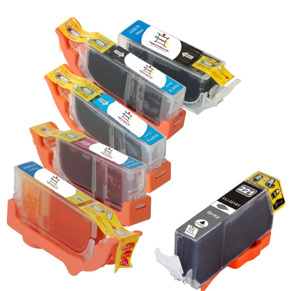 Compatible Ink Cartridge Replacement For CANON 2945B001AA, 2949B001AA, 2948B001AA, 2947B001AA, 2946B001, 2950B001AA (CLI-221Y, C, M, BK, GY, PGI-220BK) Yellow, Cyan, Magenta, Black, Gray, Black (420 YLD) 6-Pack