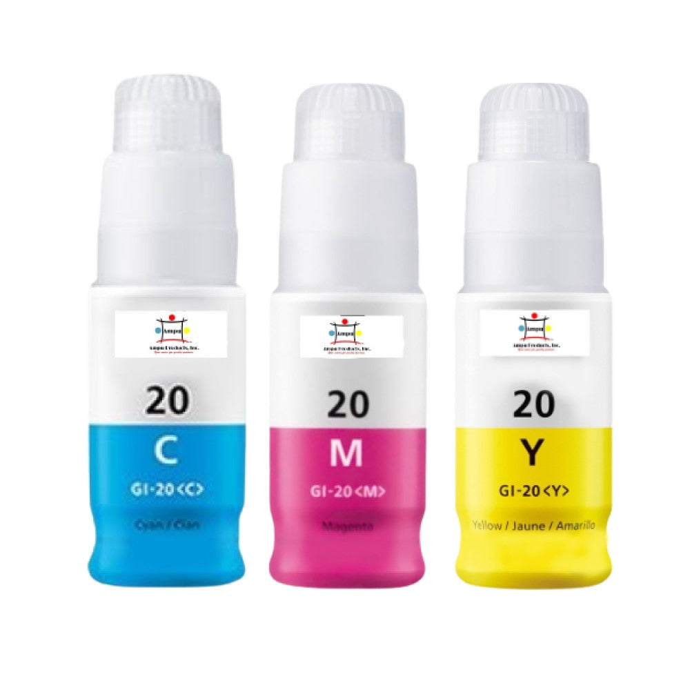 Compatible Ink Cartridge Replacement For CANON 3394C001, 3395C001, 3396C001 (GI-20C, Y, M) Cyan, Yellow, Magenta (70ML) 3-Pack