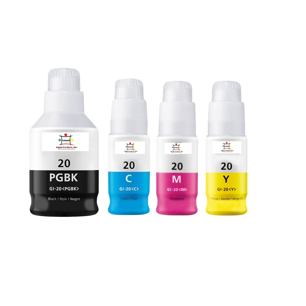 Compatible Ink Cartridge Replacement For CANON 3394C001, 3395C001, 3396C001, 3383C001 (GI-20C, Y, M, BK) Cyan, Yellow, Magenta, Black (170ML- Black, 70ML- Colors) 4-Pack