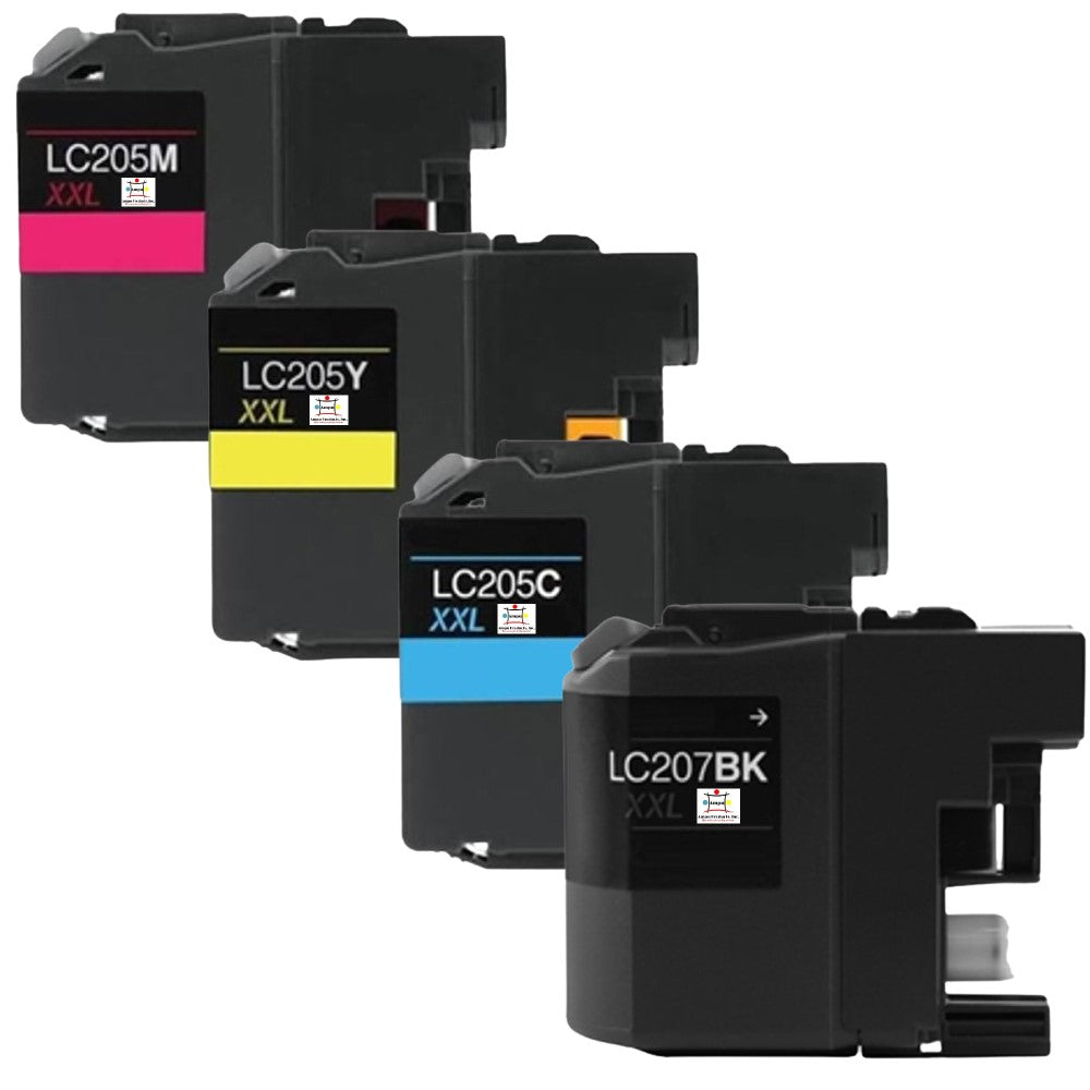 Compatible Ink Cartridge Replacement For BROTHER LC207BK, LC205C, LC205Y, LC205M (LC-207BK, LC-205C, LC-205Y, LC-205M XXL) Cyan, Magenta, Yellow, Black (1.2K YLD) 4-Pack