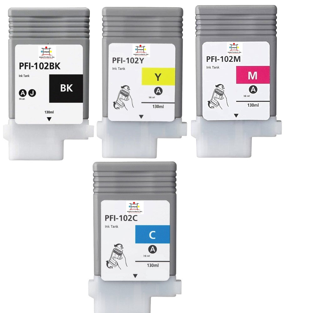 Compatible Ink Cartridge Replacement For CANON 0896B001, 0898B001, 0897B001, 0895B001 (PFI-102C, M, Y, BK) Cyan, Magenta, Yellow, Black (130 ML) 4-Pack
