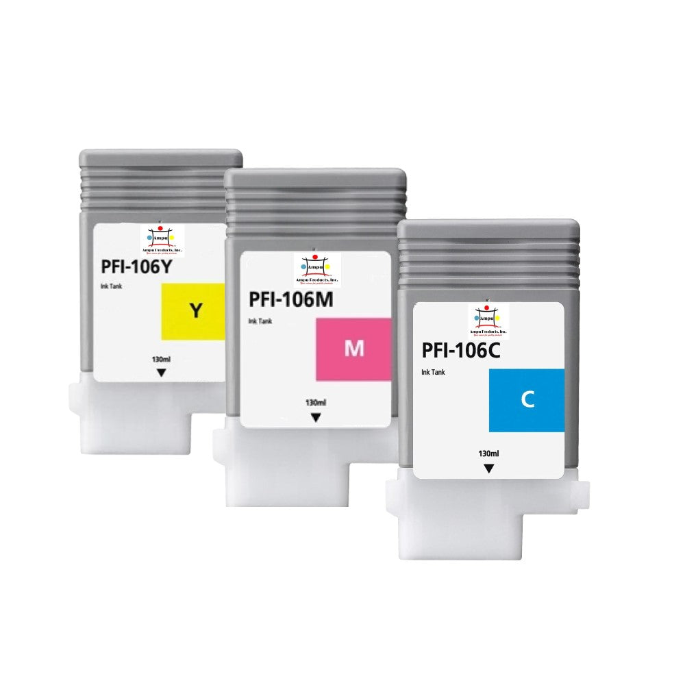 Compatible Ink Cartridge Replacement For CANON 6622B001, 6623B001, 6624B001 (PFI-106C, M, Y) Cyan, Magenta, Yellow (130 ML) 3-Pack