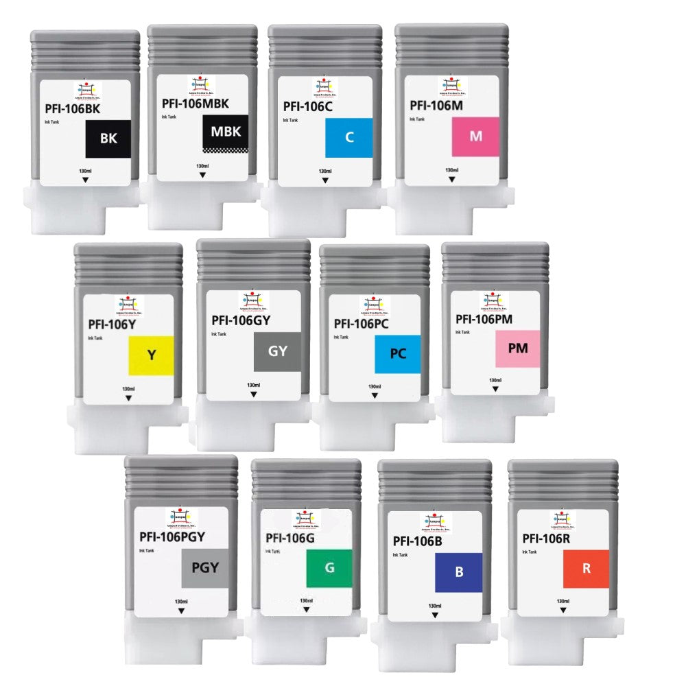 Compatible Ink Cartridge Replacement For CANON 6622B001/6623/6624/6621/6620/6630/6625/6626/6631/6628/6629/6627 (PFI-106) Cyan, Magenta, Yellow, Black, Matte Black, Grey, Photo Cyan, Photo Magenta, Photo Grey, Green, Blue, Red (130 ML) 12-Pack