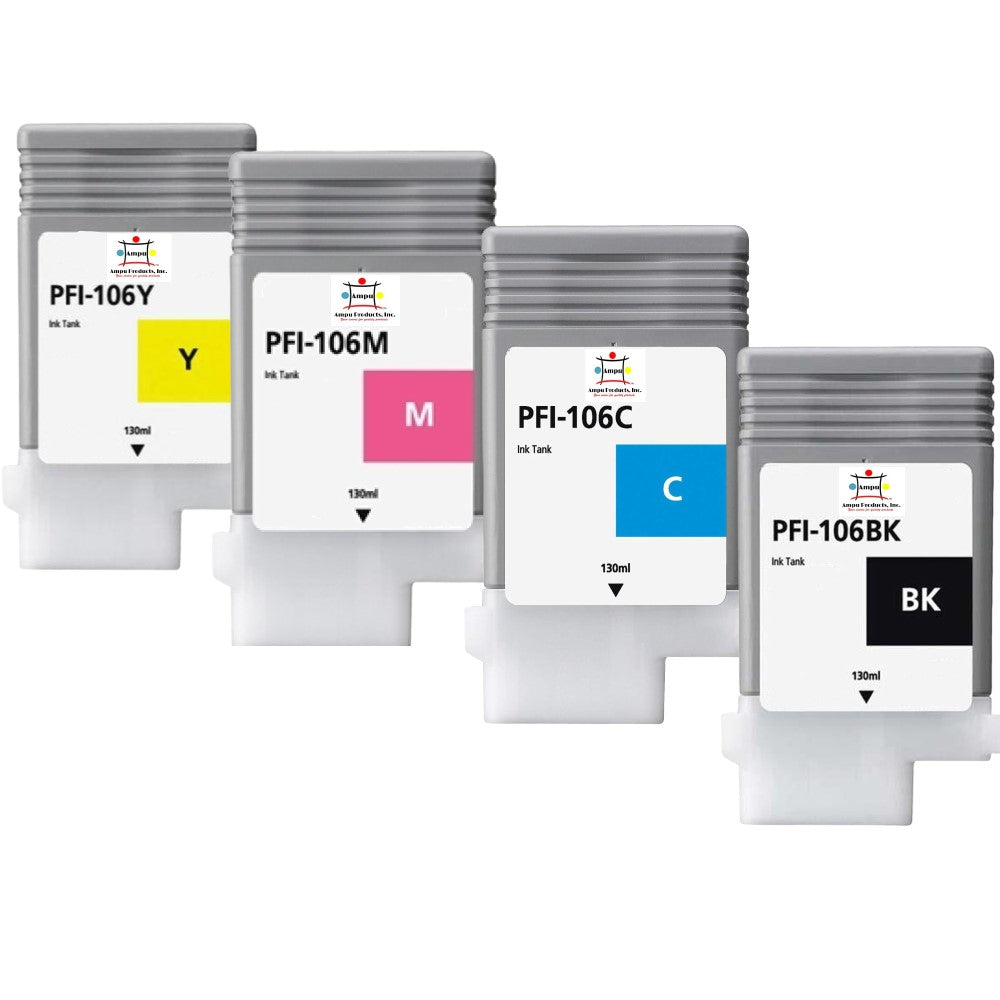 Compatible Ink Cartridge Replacement For CANON 6622B001, 6623B001, 6624B001, 6621B001 (PFI-106C, M, Y, BK) Cyan, Magenta, Yellow, Black (130 ML) 4-Pack