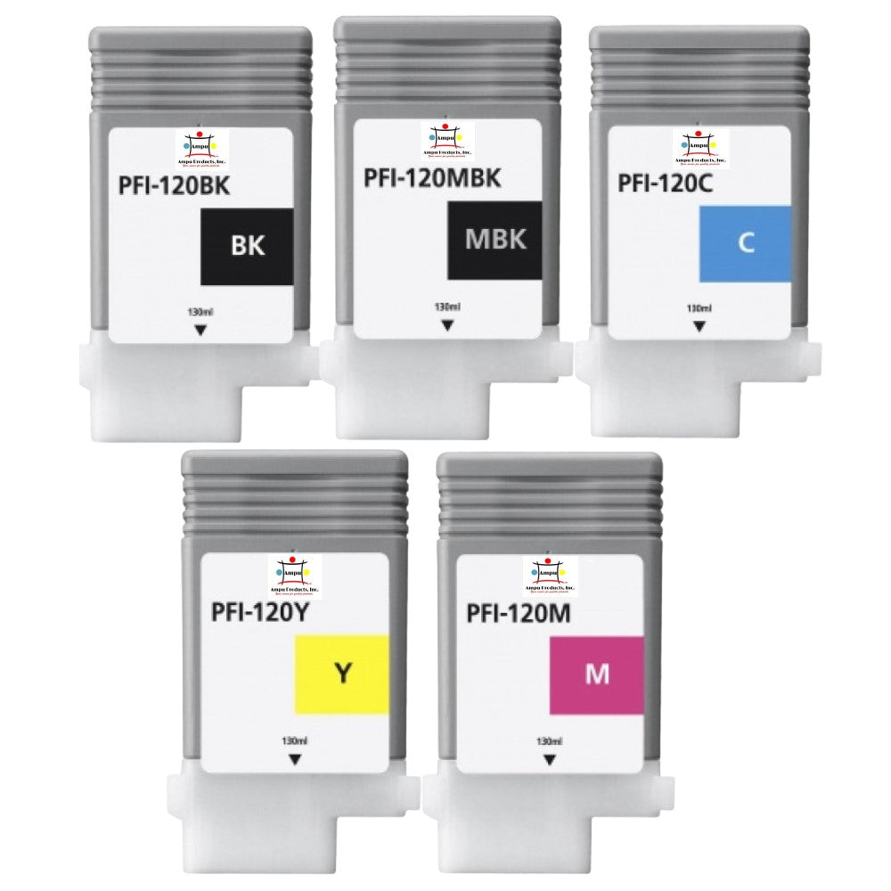 Compatible Ink Cartridge Replacement For CANON 2886C001, 2887C001, 2888C001, 2885C001, 2884C001 (PFI-120C, PFI-120M, PFI-120Y, PFI-120BK, PFI-120MBK) Cyan, Magenta, Black, Matte Black (130 ML) 5-Pack