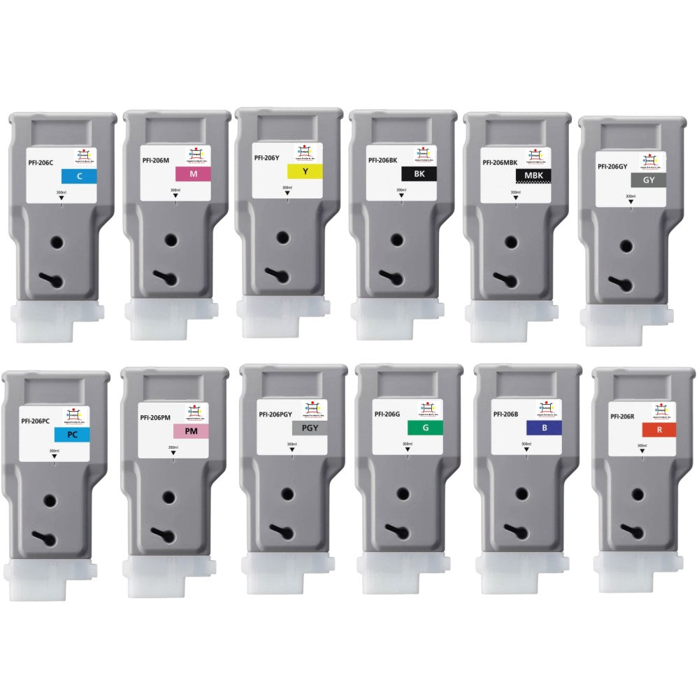 Compatible Ink Cartridge Replacement For CANON 5304B001,5306,5305,5303,5302, 5312,5308,5313,5310,5311,5309 (PFI-206) Cyan, Yellow, Magenta, Black, Matte Black, Grey, Photo Grey, Photo Magenta, Photo Grey, Green, Blue, Red (330 ML) 12-Pack