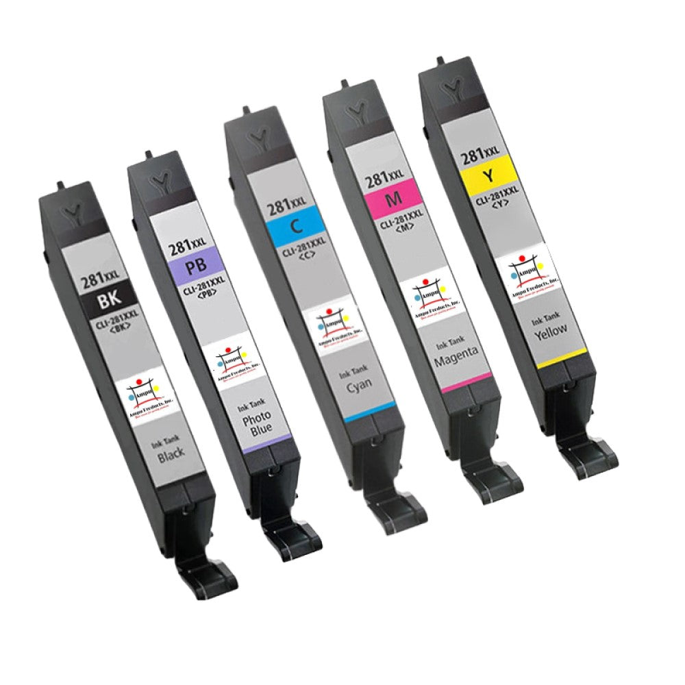 Compatible Ink Cartridge Replacement For CANON 1980C001, 1981C001, 1982C001, 1983C001, 1984C001 (CLI-281XXLC,M,Y,BK,PB) Extra High Cyan, Magenta, Yellow, Black, Photo Blue (11.7ML) 5-Pack