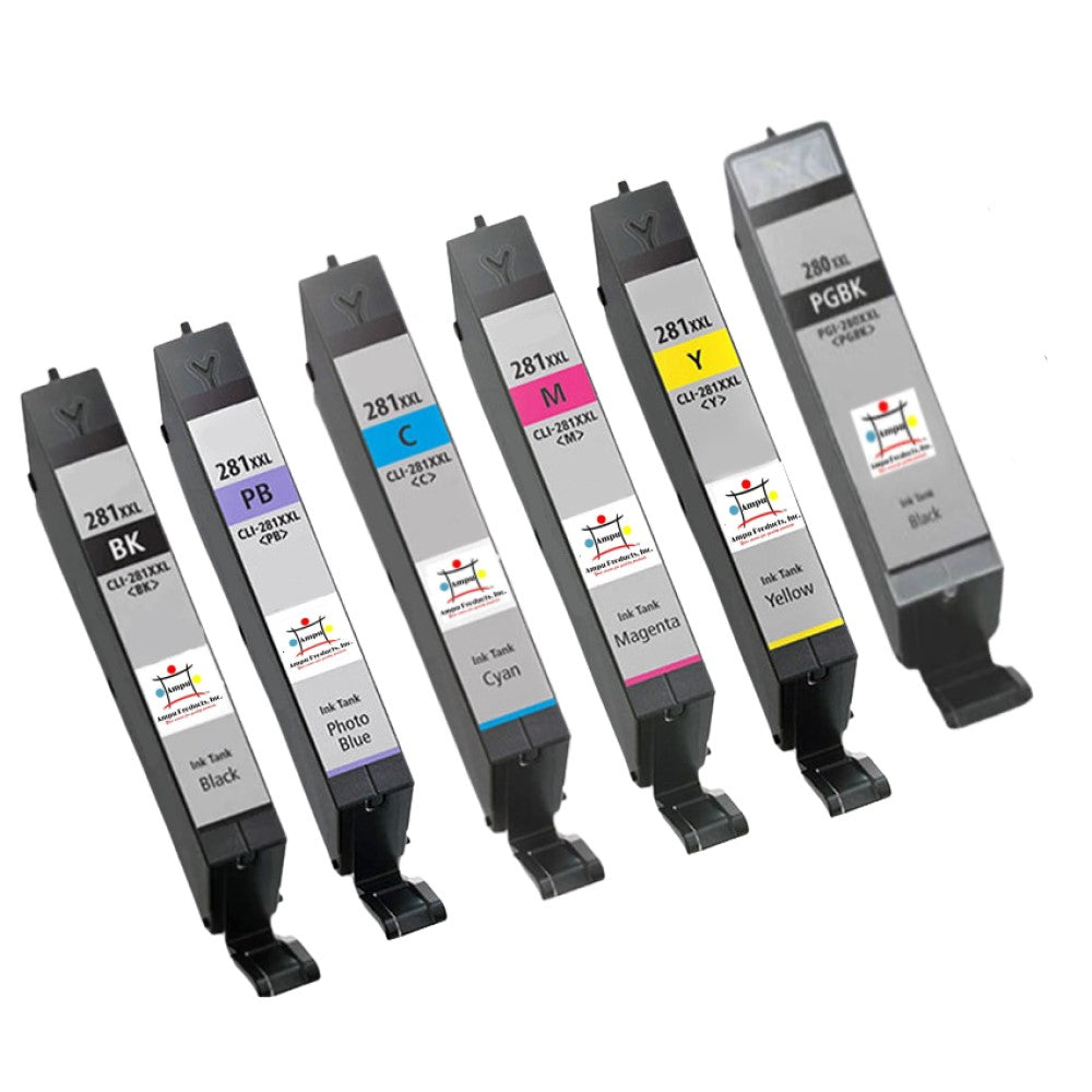 Compatible Ink Cartridge Replacement For CANON 1980C001, 1981C001, 1982C001, 1983C001, 1984C001, 1967C001 (CLI-281XXLC,M,Y,BK,PB,PGI-281XXL) Extra High Cyan, Magenta, Yellow, Black, Photo Blue (11.7ML) 6-Pack