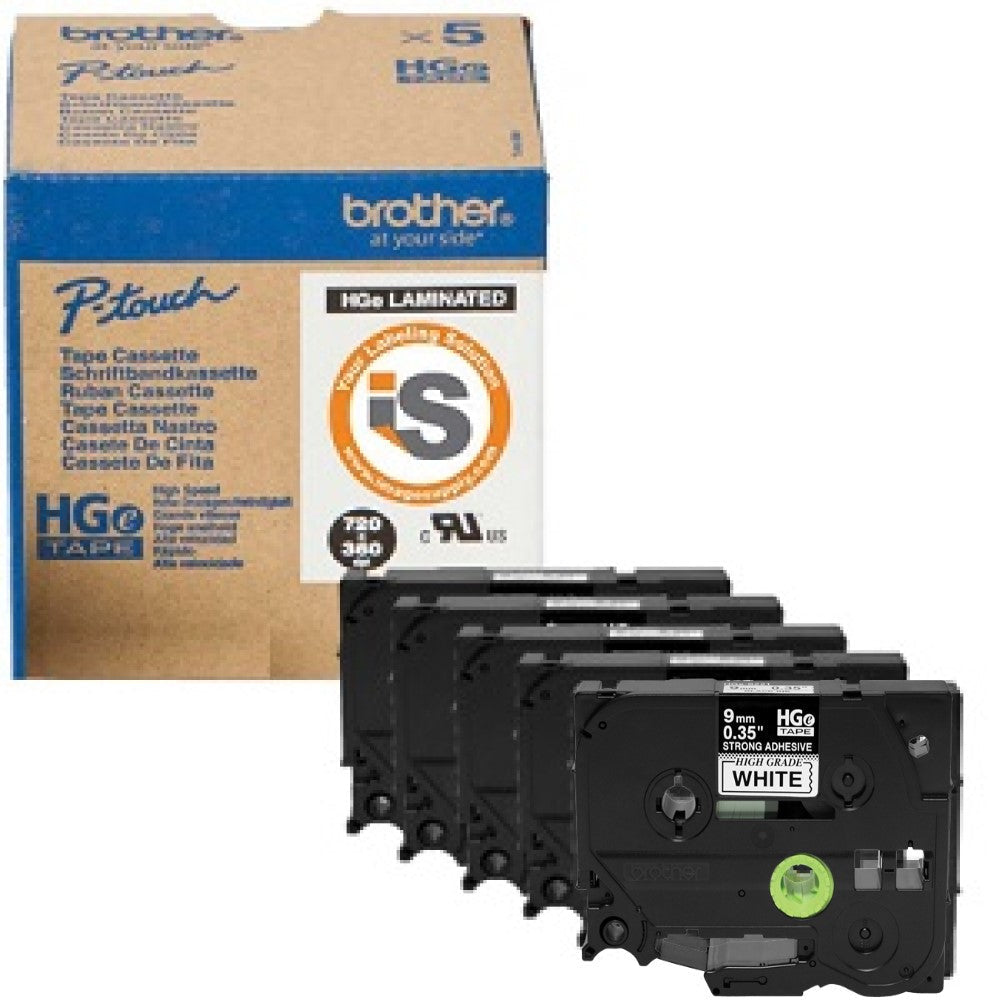 BRTHGES2215PK Brother HGES2215PK - Extra strength adhesive - black on white - Roll (0.35 in x 26.3 ft) 5 roll(s) bulk - laminated tape - for Brother PT-P950; P-Touch PT-18