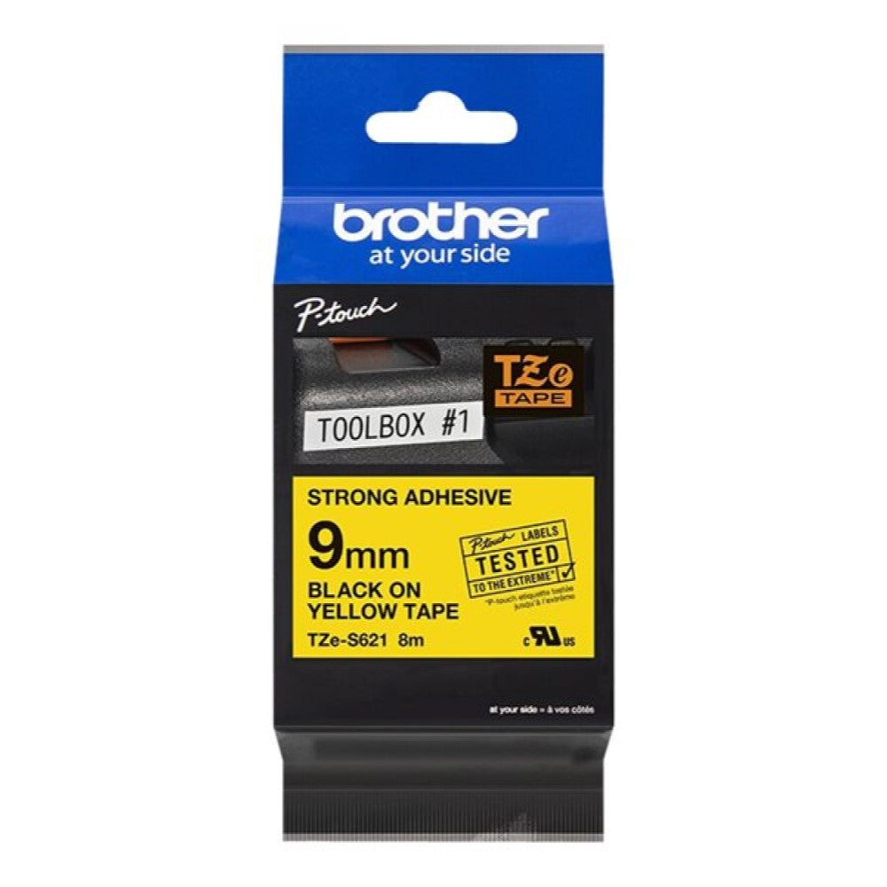 BRTTZES621 Brother TZe-S621 - Extra strength adhesive - black on yellow - Roll (0.35 in x 26.3 ft) 1 roll(s) laminated tape - for Brother PT-D210, D600, H110, H200; P-Touch PT-1880, E800, H107; P-Touch Cube Plus PT-P710