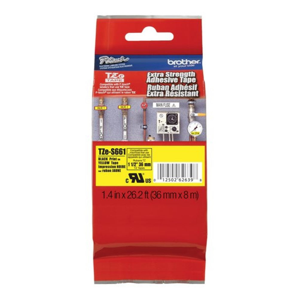 BRTTZES661 Brother TZe-S661 - Extra strength adhesive - black on yellow - Roll (1.4 in x 26.2 ft) 1 roll(s) laminated tape - for P-Touch PT-3600, 530, 550, 9200, 9400, 9500, 9600, 9700, 9800, D800, E800, P900, P950