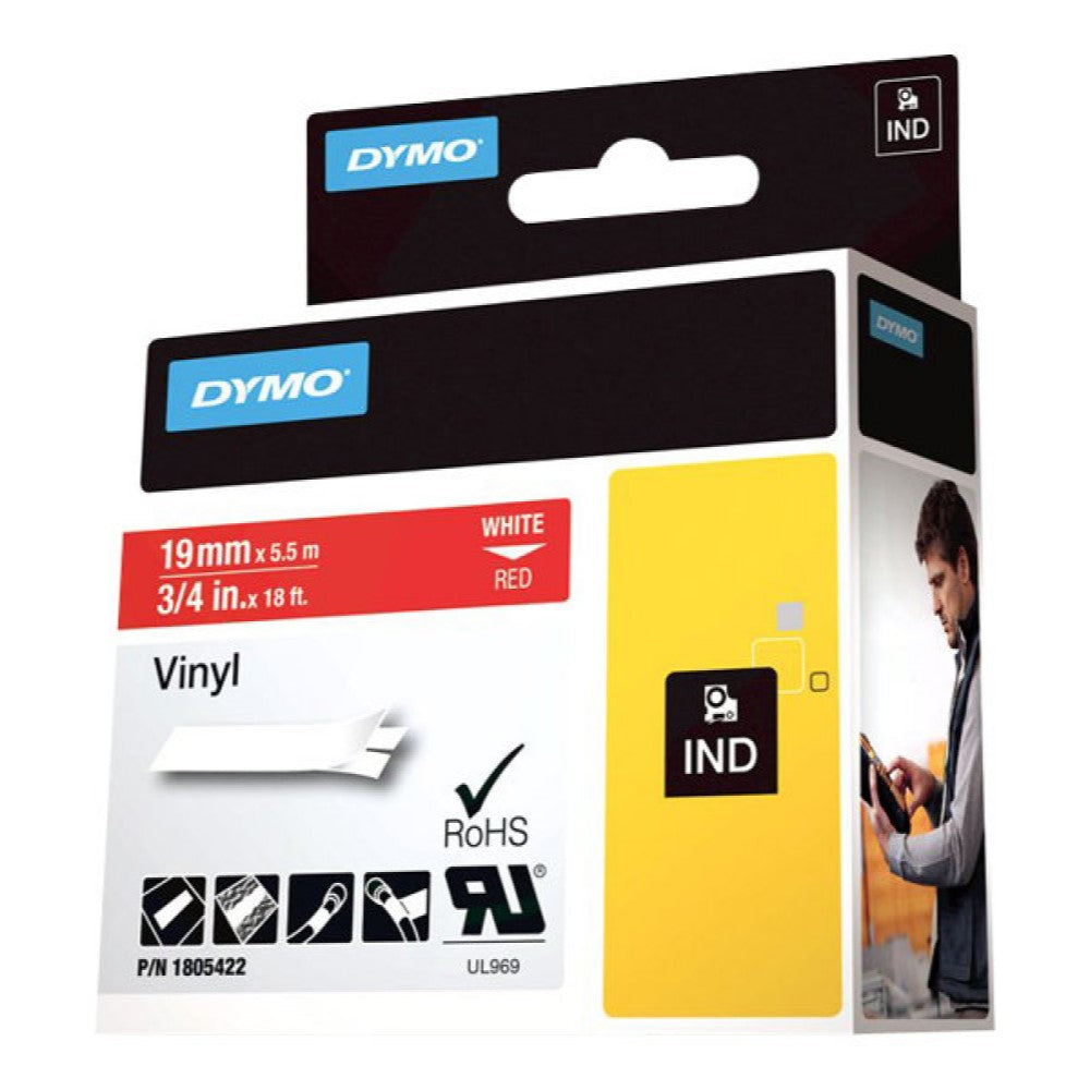 DYM1805422 DYMO IND VINYL LABELS WHITE/RED 3/4" x 18'