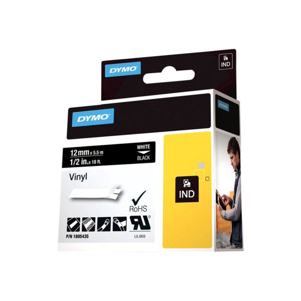 DYM1805435 DYMO IND VINYL LABELS WHITE/BLACK 1/2" x 18"