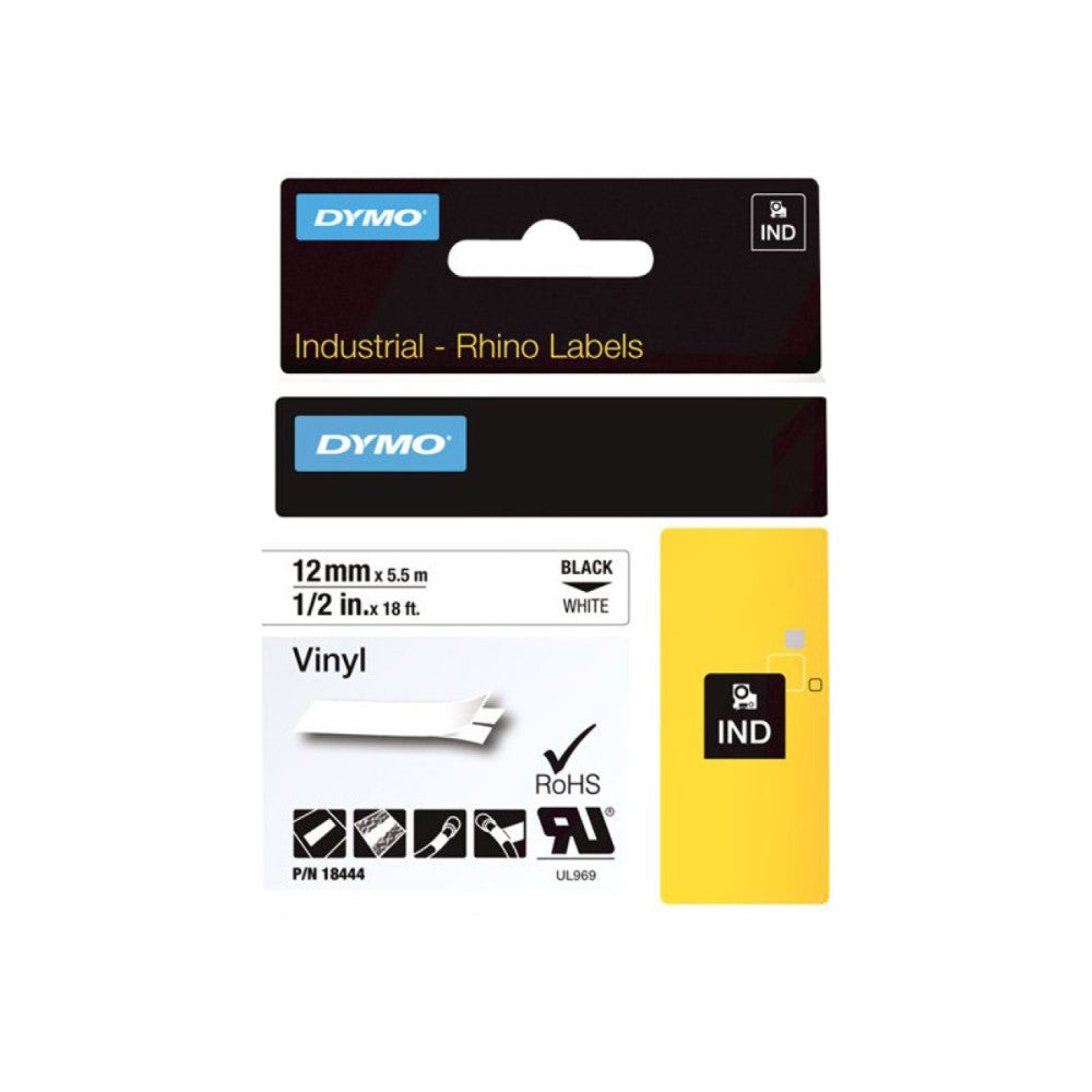 DYM18444 DYMO IND VINYL LABELS BLACK/WHITE 1/2" x 18'