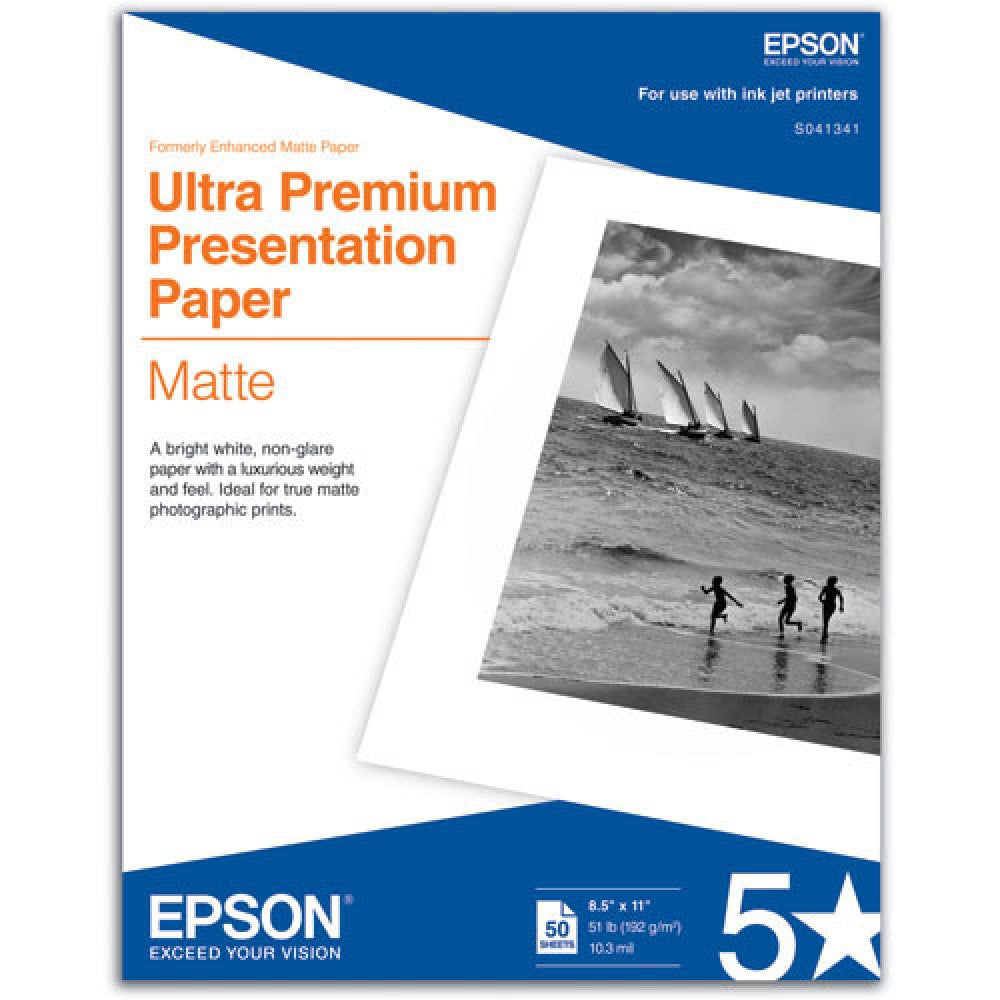 EPSS041341 Epson Ultra Premium - Matte - 10.3 mil - bright white - Letter A Size (8.5 in x 11 in) - 192 g/m² - 50 sheet(s) presentation paper - for EcoTank ET-3600; Expression ET-3600; Expression Home XP-434; WorkForce ET-16500, WF-2750