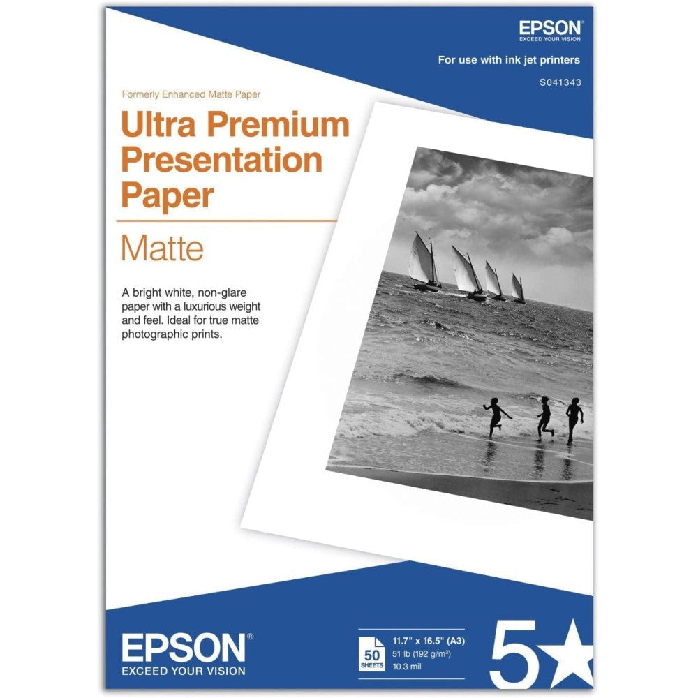 EPSS041343 Epson Ultra Premium Presentation Paper Matte - Matte - 10.3 mil - A3 (11.7 in x 16.5 in) - 192 g/m² - 50 sheet(s) paper - for Stylus Pro 11880, Pro 38XX, Pro 48XX, Pro 78XX; Stylus Photo R2880; WorkForce 1100