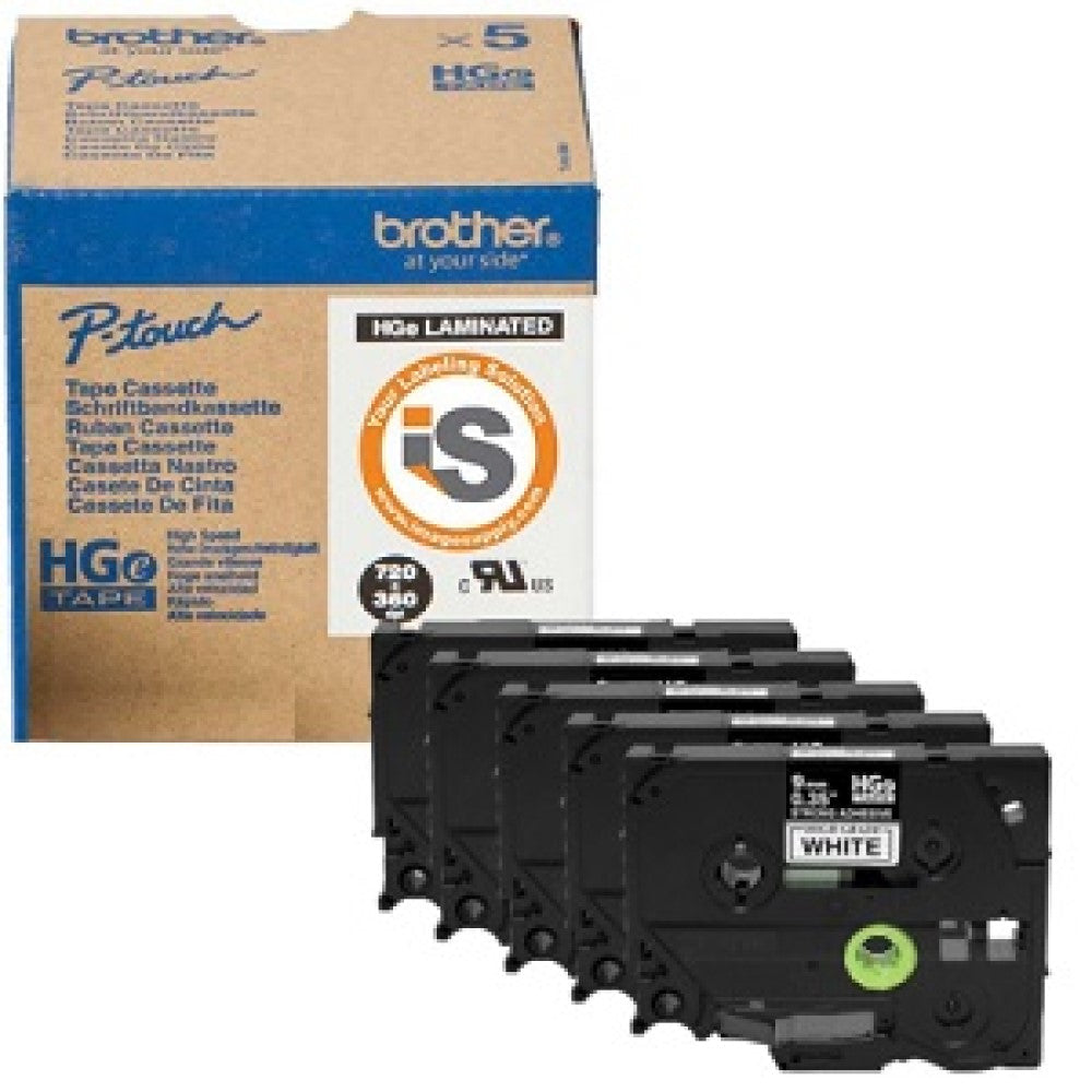 BRTHGES2415PK Brother HGES2415PK - Extra strength adhesive - black on white - Roll (0.7 in x 26.3 ft) 5 roll(s) bulk - laminated tape - for P-Touch PT-18, 9200, 9500, 9700, 9800