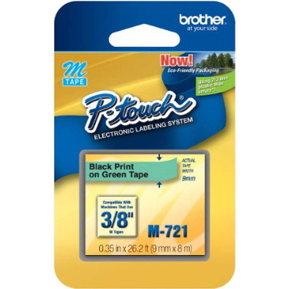 BRTM721 Brother - Black, green - Roll (0.35 in x 26.3 ft) 1 pcs. printer tape - for P-Touch PT-100, PT-110, PT-45, PT-55, PT-65, PT-70, PT-75, PT-80, PT-85, PT-90, PT-M95