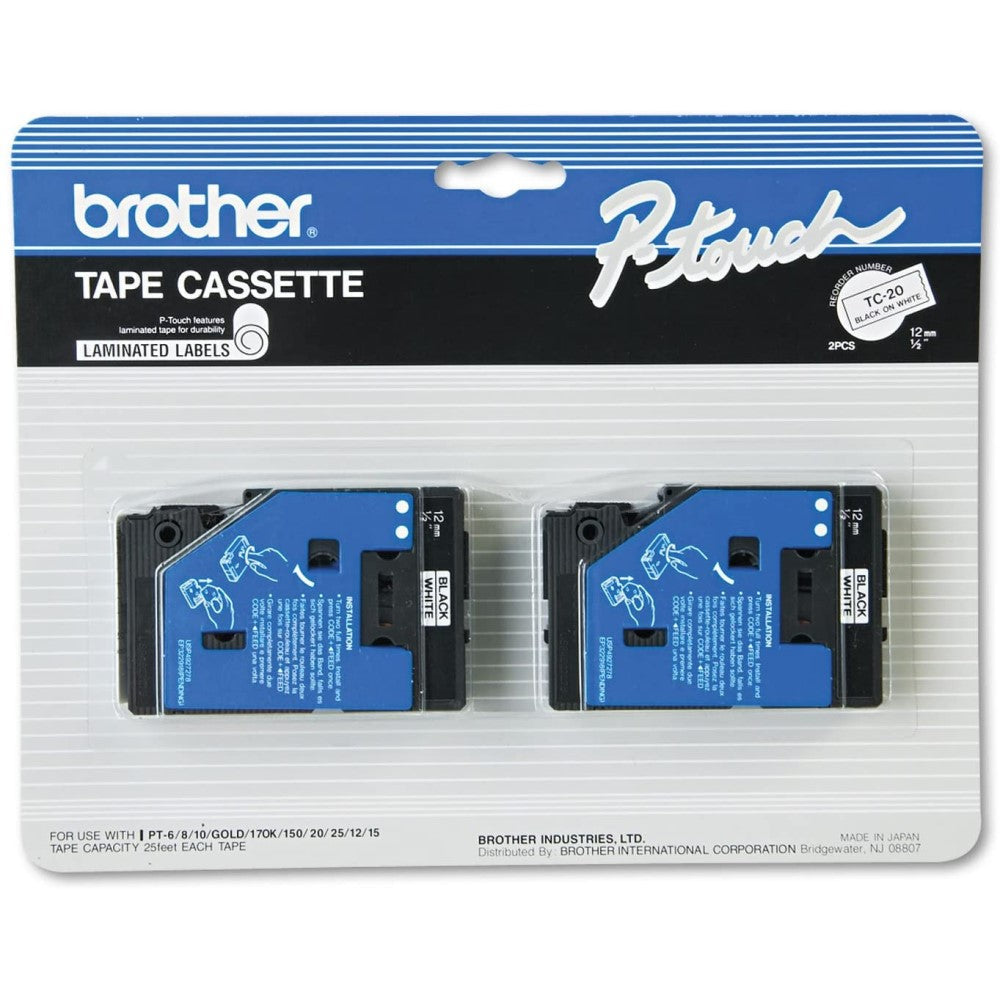 BRTTC20 Brother - RollÂ (0.47 in x 25.2 ft) 2 roll(s) laminated tape - for P-Touch PT-10, PT-12, PT-12N, PT-15, PT-150, PT-170, PT-170K, PT-20, PT-25, PT-6, PT-8