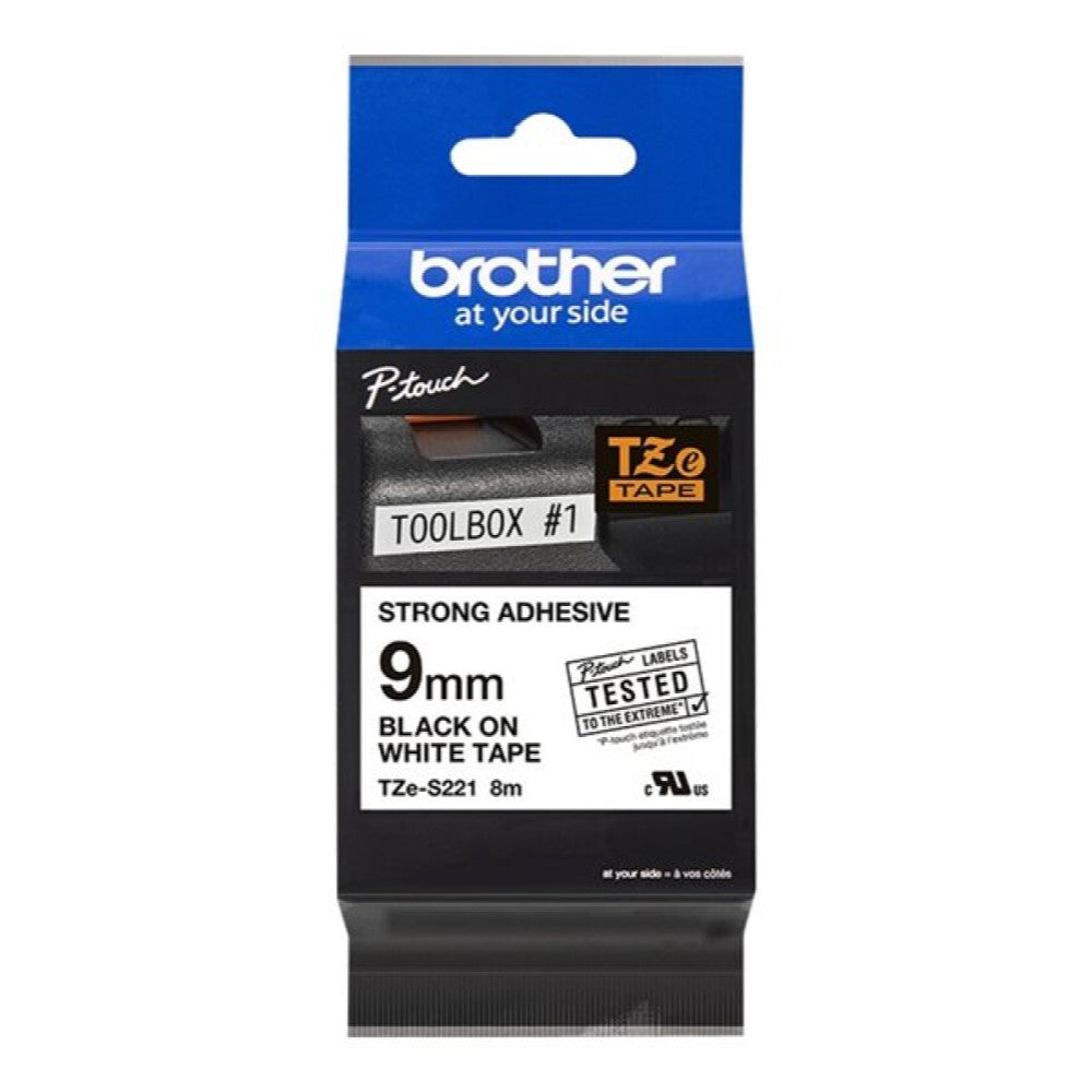 BRTTZES221 Brother TZe-S221 - Extra strength adhesive - black on white - Roll (0.35 in x 26.3 ft) 1 roll(s) laminated tape - for Brother PT-D210, D600, H110; P-Touch PT-1005, 1880, E800, H110; P-Touch Cube Plus PT-P710