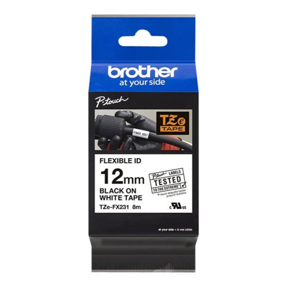 BRTTZEFX231 Brother TZe-FX231 - Adhesive - black on white - Roll (0.47 in x 26.2 ft) 1 roll(s) flexible ID tape - for Brother PT-D210, D600, H110; P-Touch PT-1005, 1880, E800, H110; P-Touch Cube Plus PT-P710