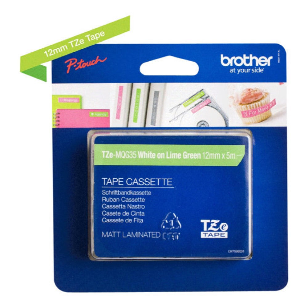 BRTTZEMQG35 Brother TZe-MQG35 - Standard adhesive - white on lime green - Roll (0.47 in x 16.4 ft) 1 roll(s) laminated tape - for Brother PT-D210, D600, H110; P-Touch PT-1880, D200, D450, E110, E550, E800, H110, P900