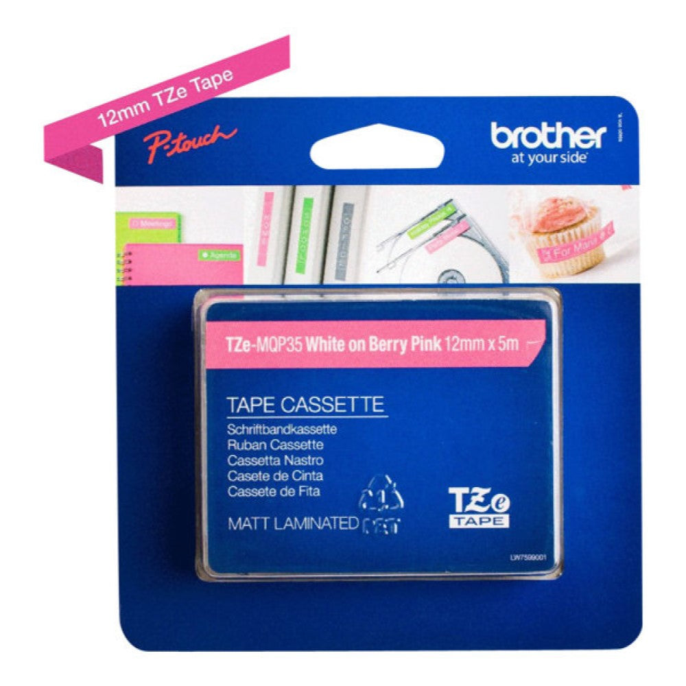 BRTTZEMQP35 Brother TZe-MQP35 - Standard adhesive - white on berry pink - Roll (0.47 in x 16.4 ft) 1 roll(s) laminated tape - for Brother PT-D210, D600, H110; P-Touch PT-1880, D200, D450, E110, E550, E800, H110, P900