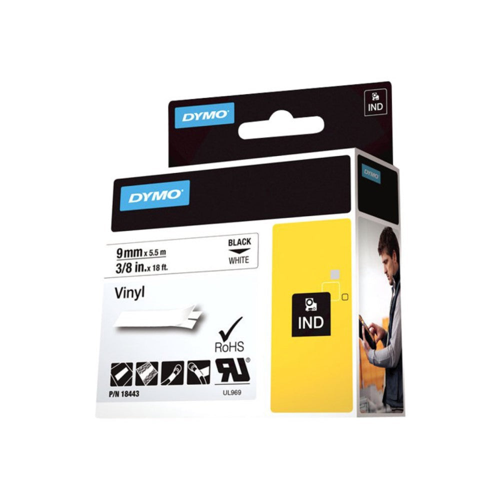 DYM18443 DYMO IND VINYL LABELS BLACK/WHITE 3/8" x 18'