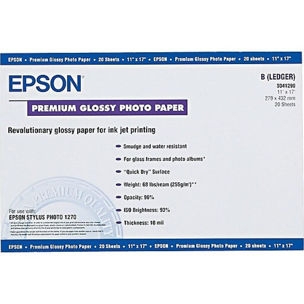 EPSS041290 Epson - Glossy - Ledger B Size (11 in x 17 in) 20 sheet(s) paper - for Stylus Pro 38XX; Stylus Photo 12XX, 2200, R1800, R2400, R2880; WorkForce 1100