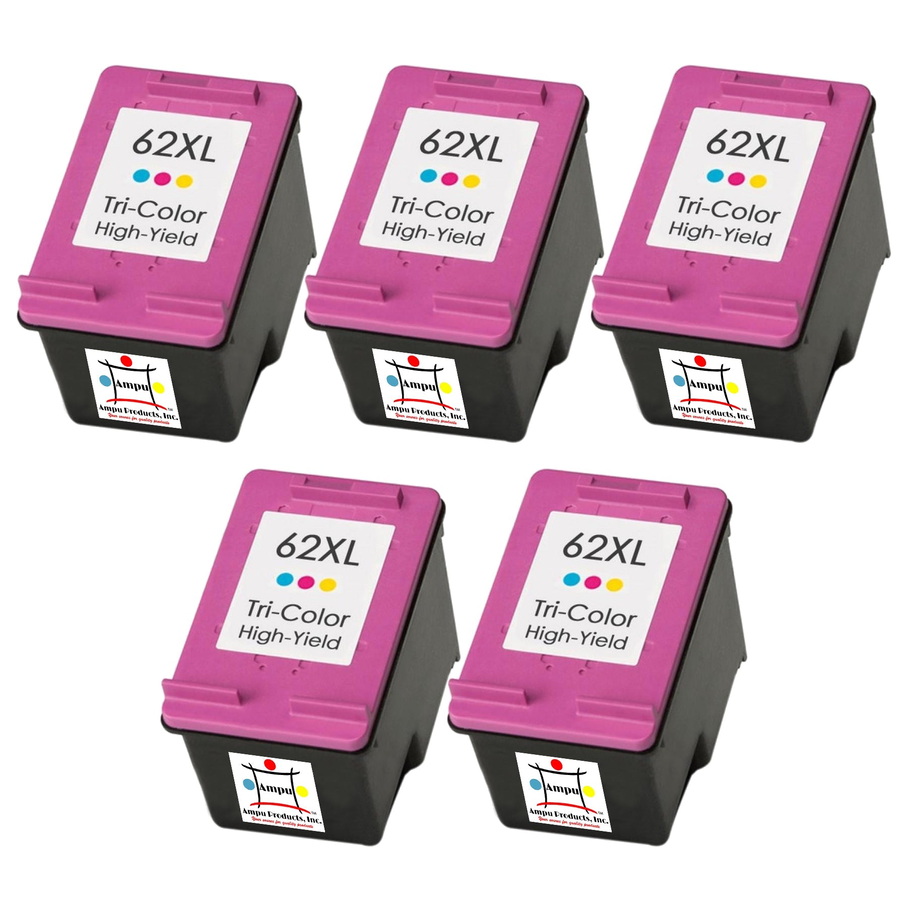 Ampuproducts Compatible Ink Cartridge Replacement for HP C2P07AN (62XL, High Yield Tri-Color, 5-Packs)