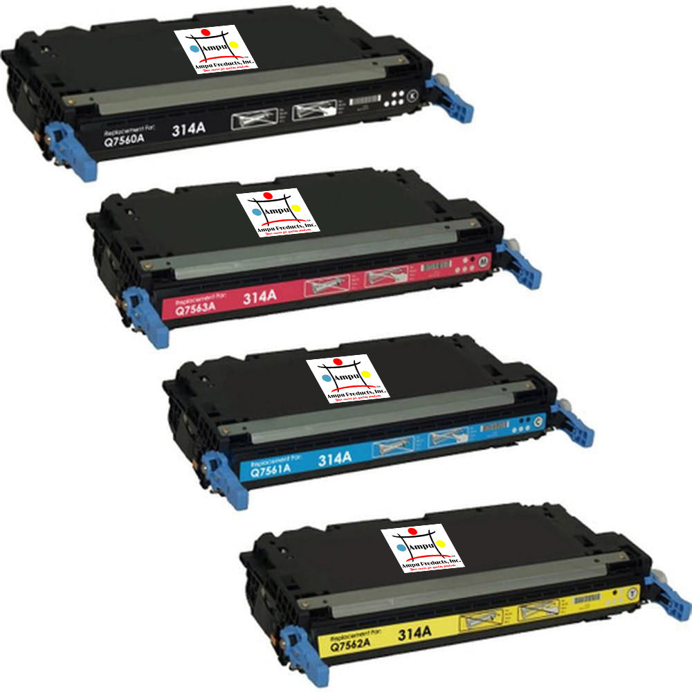 Ampuproducts Compatible Toner Cartridge Replacement For HP Q7561A, Q7560A, Q7563A, Q7562A (314A) Black, Cyan, Magenta, Yellow (6.5K YLD- Black, 3.5K YLD- Color) 4-Pack