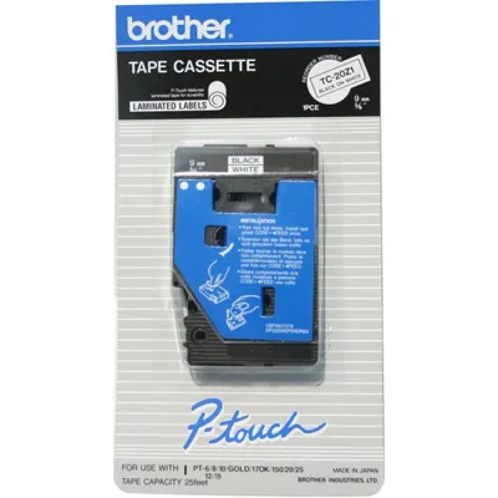 BRTTC20Z1 Brother TC20Z1 - Black on white - Roll (0.35 in x 25.3 ft) 1 roll(s) laminated tape - for P-Touch PT-10, PT-12, PT-12N, PT-15, PT-150, PT-170, PT-170K, PT-20, PT-25, PT-6, PT-8