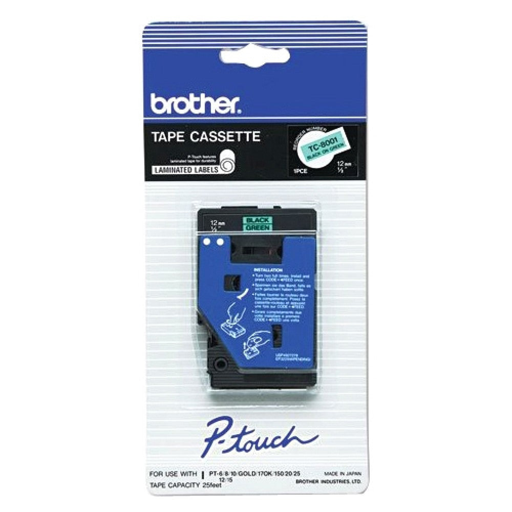 BRTTC8001 Brother TC8001 - Black on green - Roll (0.5 in x 25 ft) laminated tape - for P-Touch PT-10, PT-12, PT-12N, PT-15, PT-150, PT-170, PT-170K, PT-20, PT-25, PT-6, PT-8