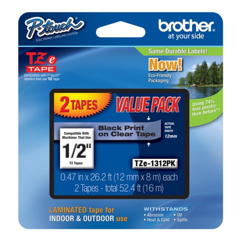 BRTTZE1312PK Brother TZe-1312PK - Black on clear - Roll (0.47 in x 26.2 ft) 2 roll(s) laminated tape - for Brother PT-D210, D600, H110; P-Touch PT-1005, 1880, E800, H110; P-Touch Cube Plus PT-P710