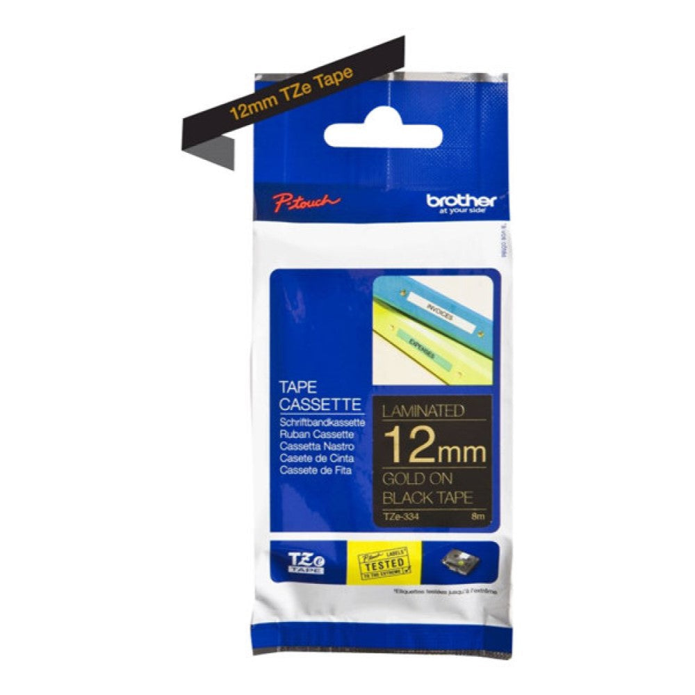 BRTTZE334 Brother TZe-334 - Standard adhesive - gold on black - Roll (0.47 in x 26.2 ft) 1 roll(s) laminated tape - for Brother PT-D210, D600, H110; P-Touch PT-1005, 1880, E800, H110; P-Touch Cube Plus PT-P710