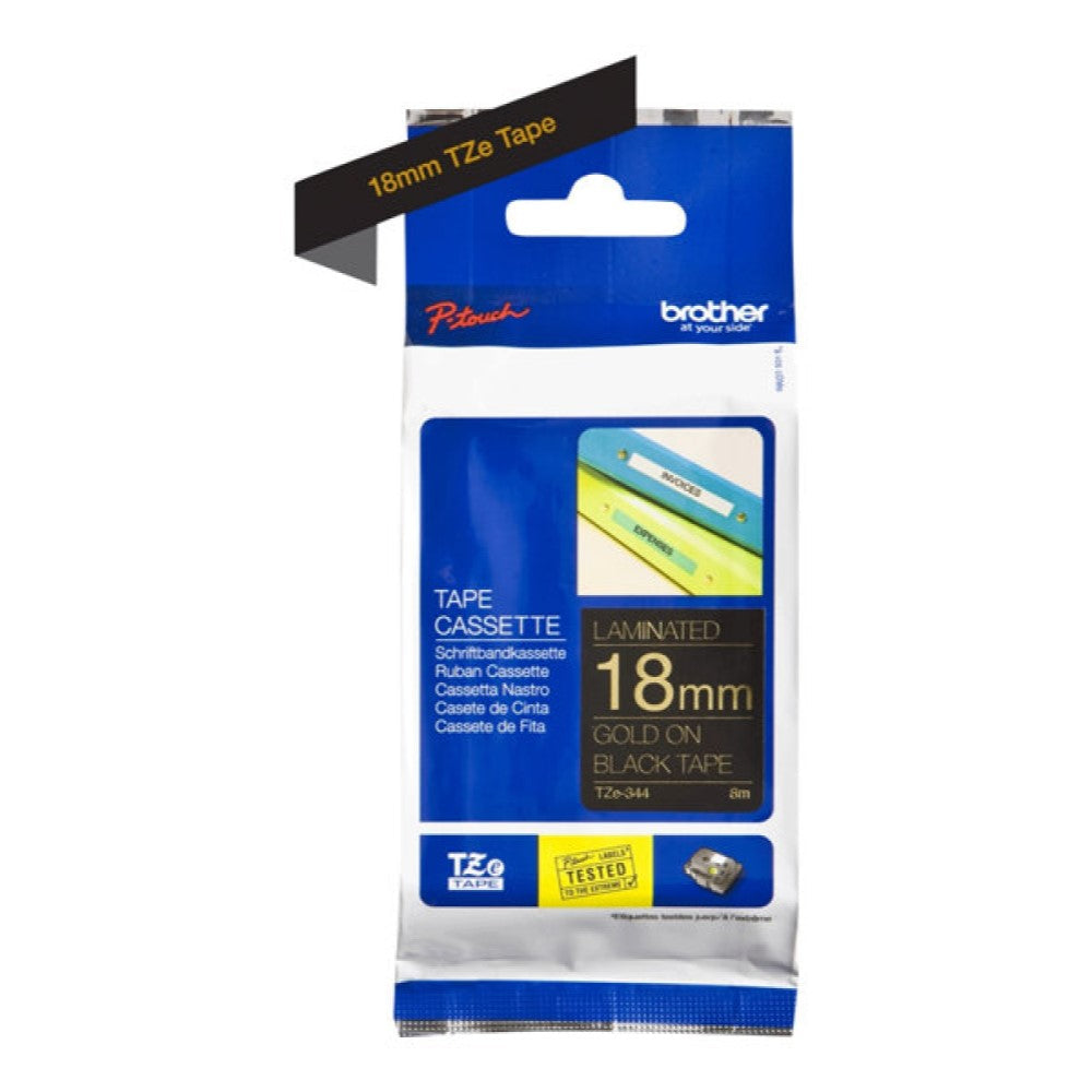 BRTTZE344 Brother TZe-344 - Standard adhesive - gold on black - Roll (0.7 in x 26.2 ft) 1 roll(s) laminated tape - for Brother PT-D600; P-Touch PT-1880, D450, D800, E550, E800, P900, P950; P-Touch EDGE PT-P750