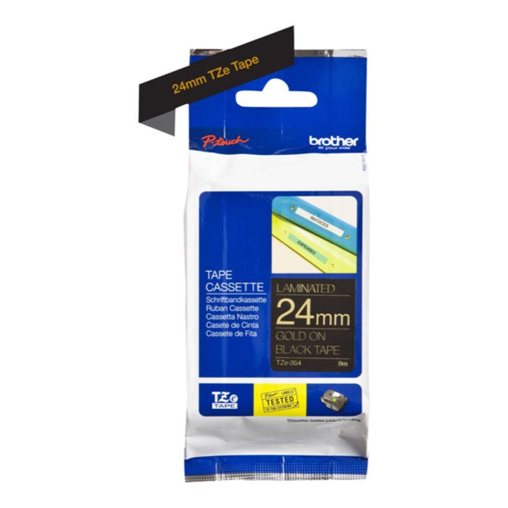 BRTTZE354 Brother TZe-354 - Self-adhesive - gold on black - Roll (0.94 in x 26.2 ft) 1 roll(s) laminated tape - for Brother PT-D600; P-Touch PT-3600, D800, E550, E800, P750, P900, P950; P-Touch EDGE PT-P750