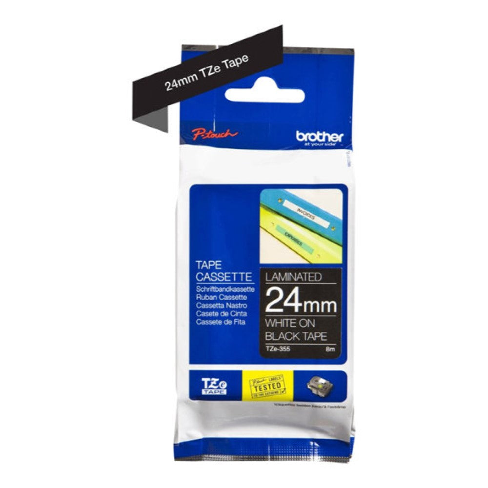 BRTTZE355 Brother TZe-355 - Standard adhesive - white on black - Roll (0.94 in x 26.2 ft) 1 roll(s) laminated tape - for Brother PT-D600; P-Touch PT-3600, D800, E550, E800, P750, P900, P950; P-Touch EDGE PT-P750