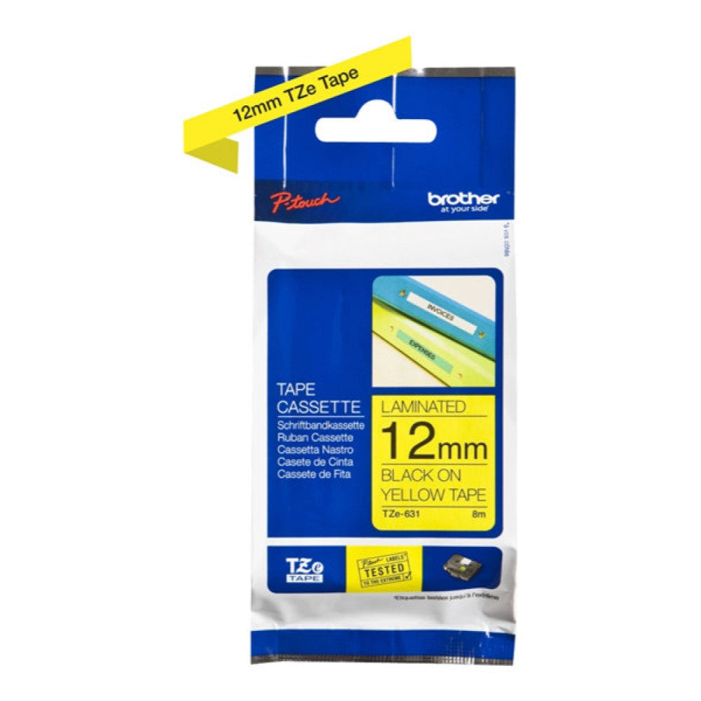 BRTTZE631 Brother TZe-631 - Standard adhesive - black on yellow - Roll (0.47 in x 26.2 ft) 1 roll(s) laminated tape - for Brother PT-D210, D600, H110; P-Touch PT-1005, 1880, E800, H110; P-Touch Cube Plus PT-P710