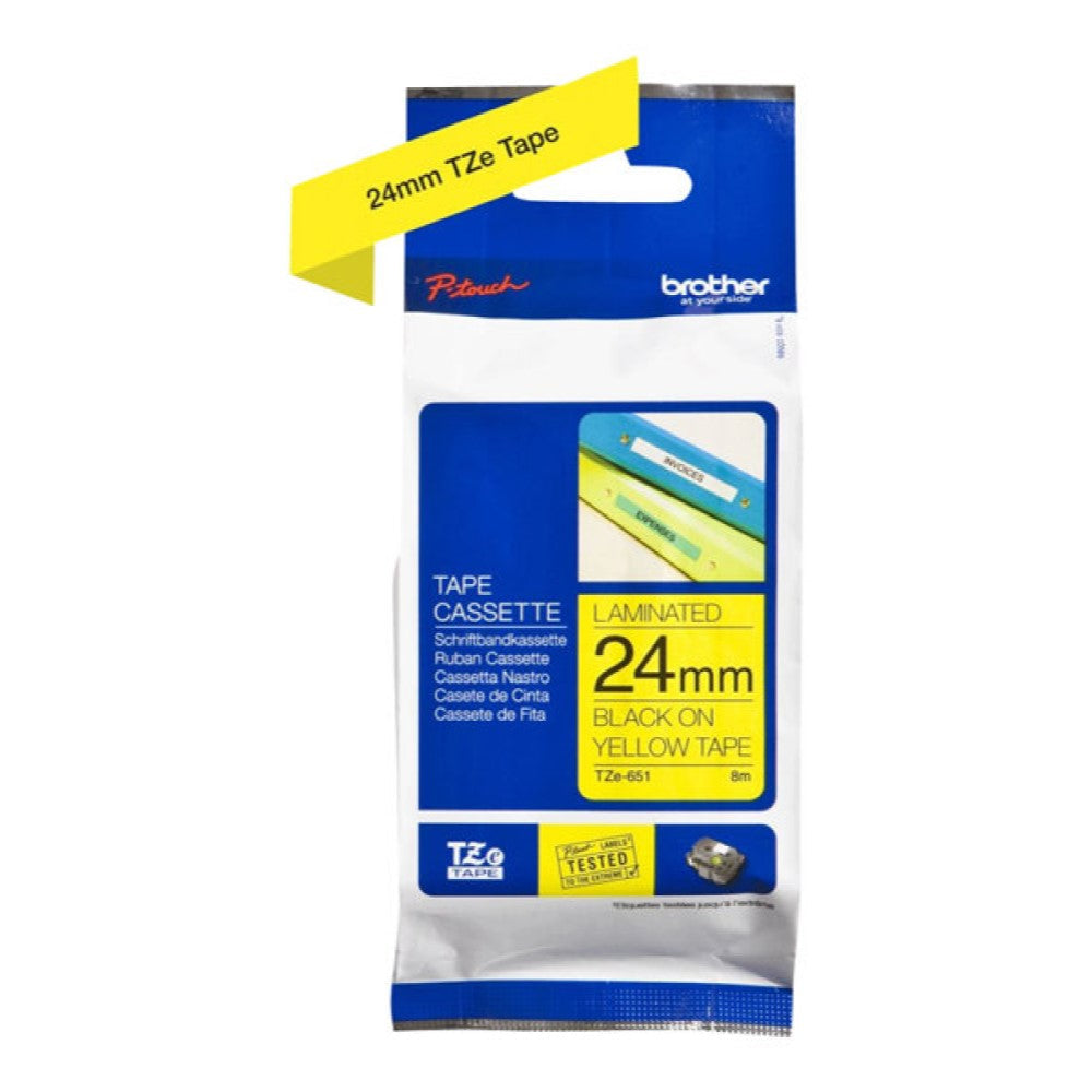 BRTTZE651 Brother TZe-651 - Standard adhesive - black on yellow - Roll (0.94 in x 26.2 ft) 1 roll(s) laminated tape - for Brother PT-D600; P-Touch PT-1880, D450, D800, E550, E800, P900, P950; P-Touch EDGE PT-P750