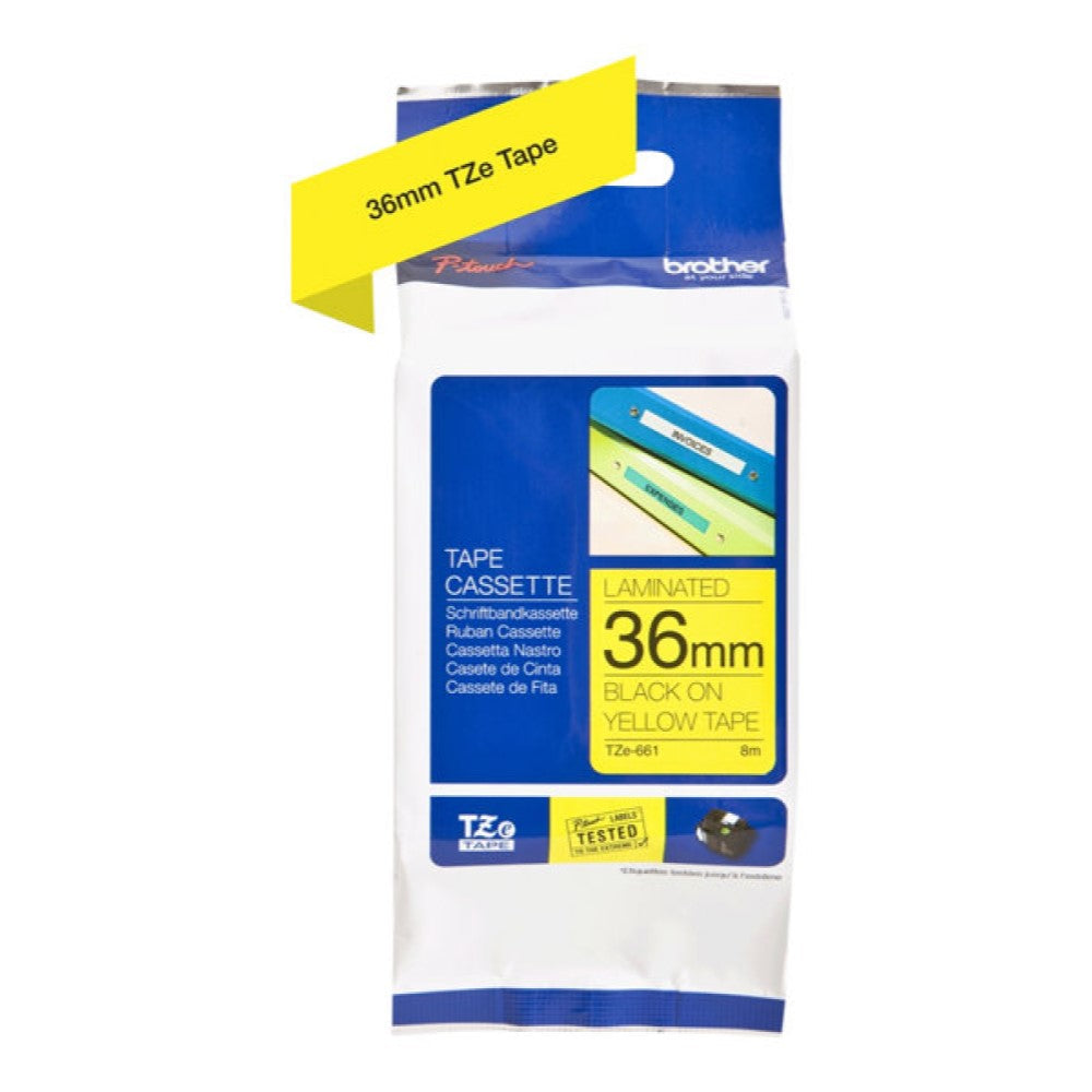 BRTTZE661 Brother TZe-661 - Standard adhesive - black on yellow - Roll (1.42 in x 26.2 ft) 1 roll(s) laminated tape - for P-Touch PT-3600, 530, 550, 9200, 9400, 9500, 9600, 9700, 9800, D800, E800, P900, P950