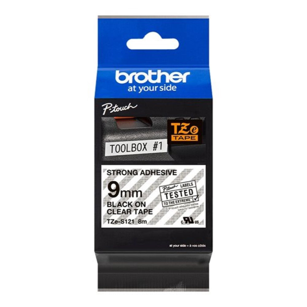 BRTTZES121 Brother TZe-S121 - Extra strength adhesive - black on clear - Roll (0.35 in x 26.3 ft) 1 roll(s) laminated tape - for Brother PT-D210, D600, H110; P-Touch PT-1005, 1880, E800, H110; P-Touch Cube Plus PT-P710